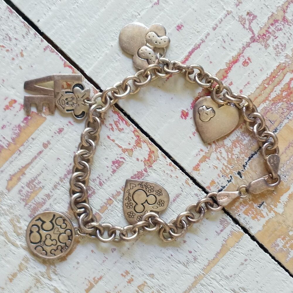 Vintage Disney Sterling Silver Charm Bracelet Mickey & Minnie Mouse Love 16g